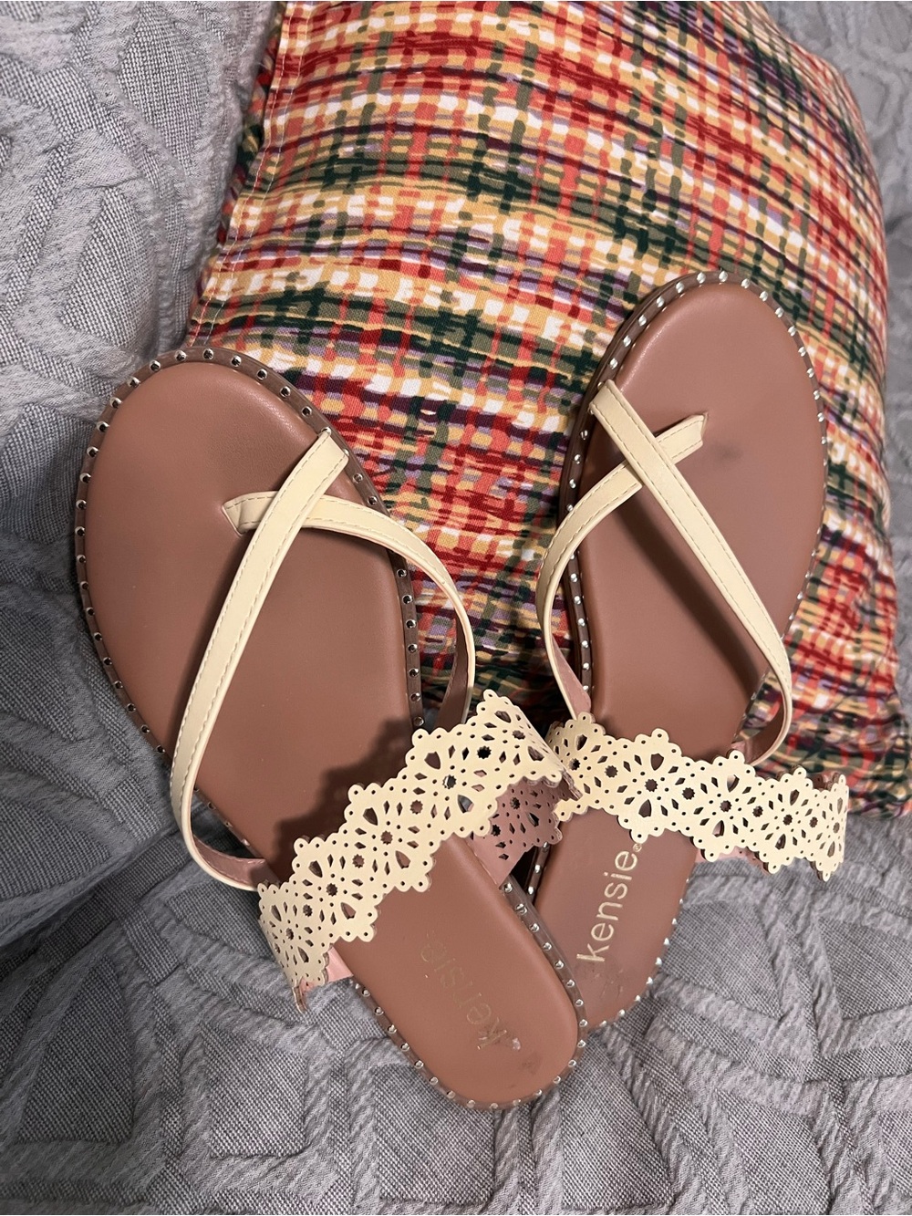 Kensie Butter/Cream Laser-Cut Strap Sandals with Brown Footbed
